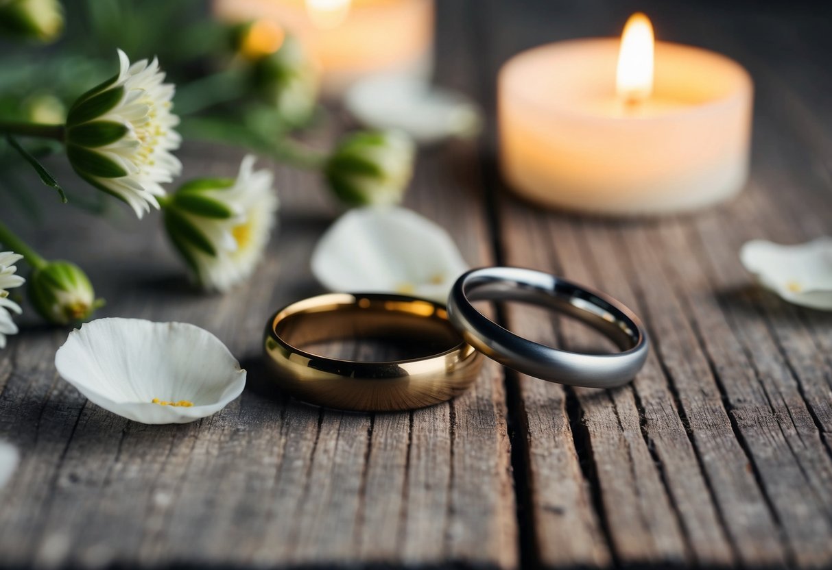 A single gold ring and a single silver ring lying on a rustic wooden table, surrounded by delicate flower petals and soft candlelight