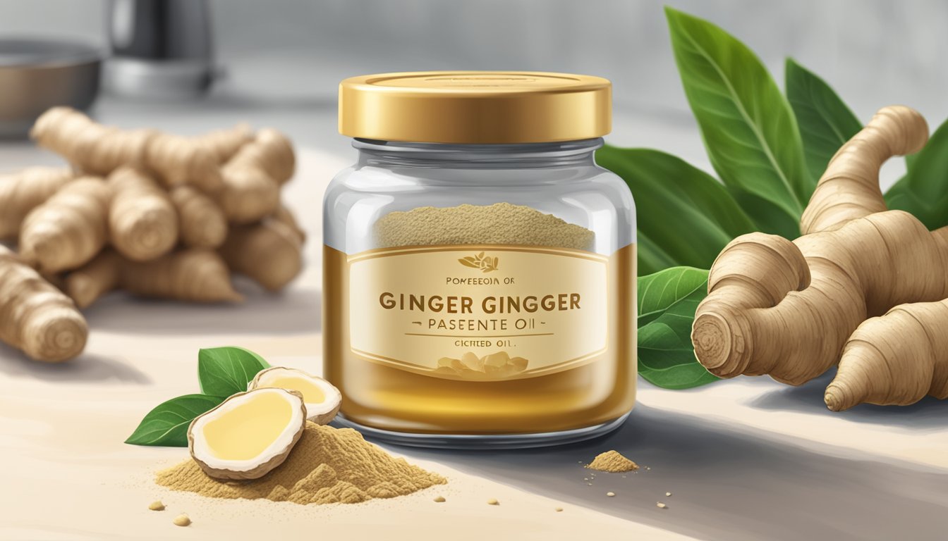 A jar of expired ginger paste sits on a kitchen counter, surrounded by fresh ginger root, powdered ginger, and ginger essential oil