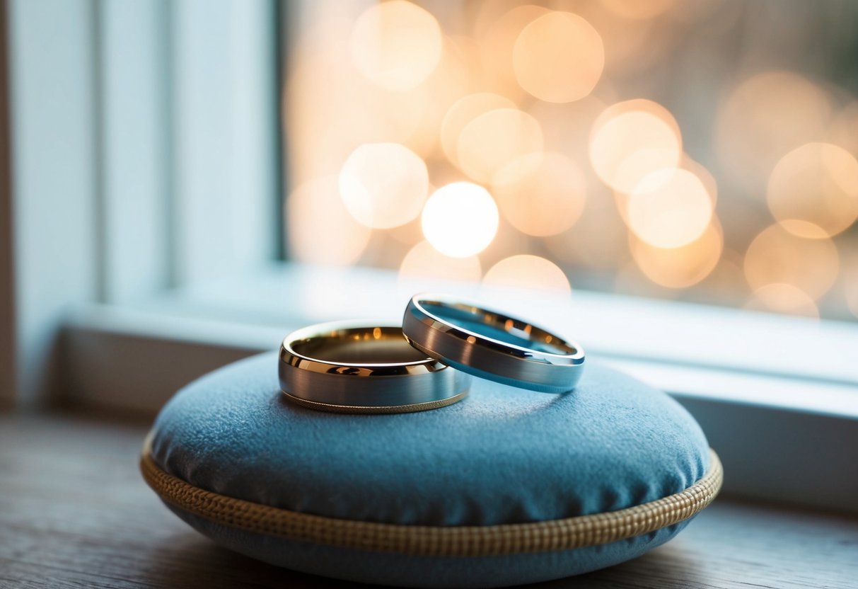 Two wedding rings resting on a velvet cushion, bathed in soft light from a nearby window