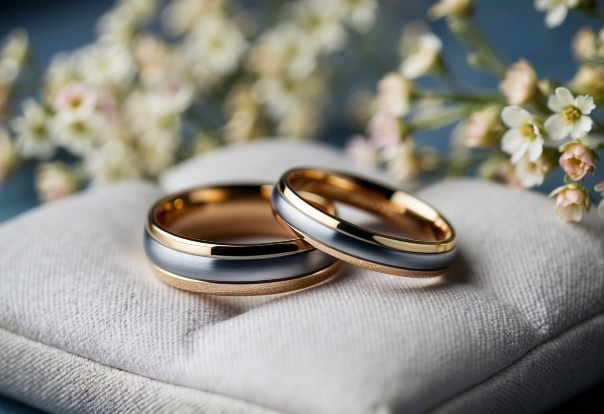 Two intertwined rings on a cushioned surface, surrounded by delicate flowers and soft lighting