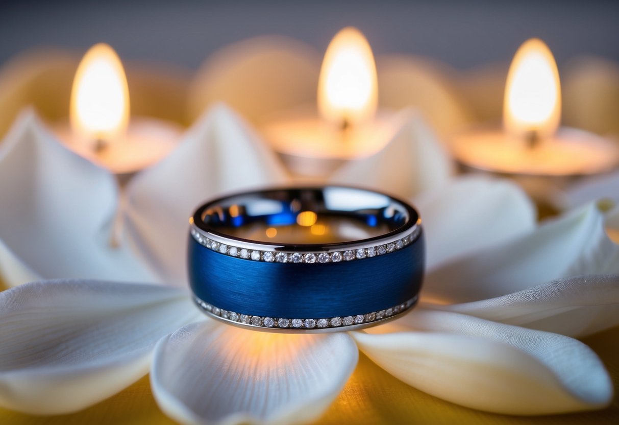 A blue wedding band rests on a bed of white silk petals, illuminated by soft candlelight