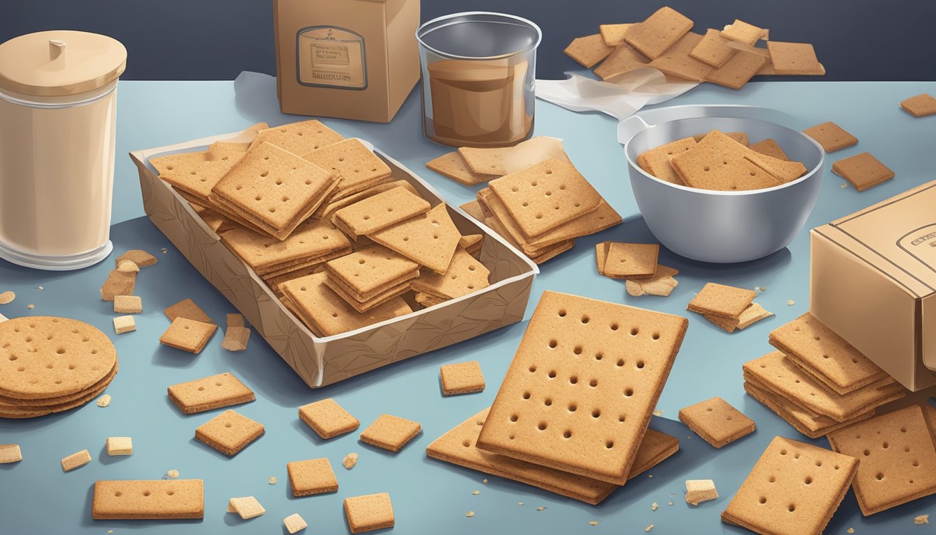 A box of expired graham crackers sits on a kitchen counter, surrounded by crumbs and a few scattered crackers. The crackers appear stale and discolored