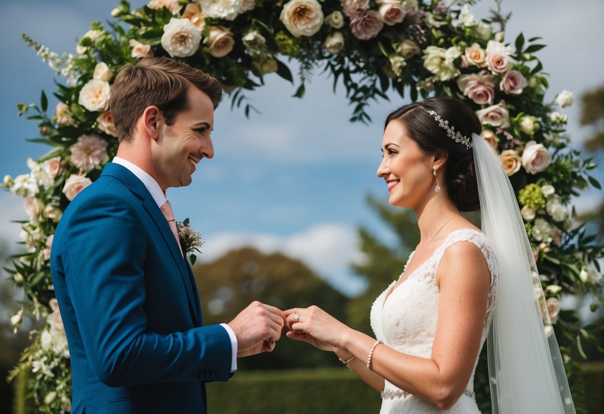 A bride and groom standing beneath a floral arch, exchanging rings and gazing into each other's eyes