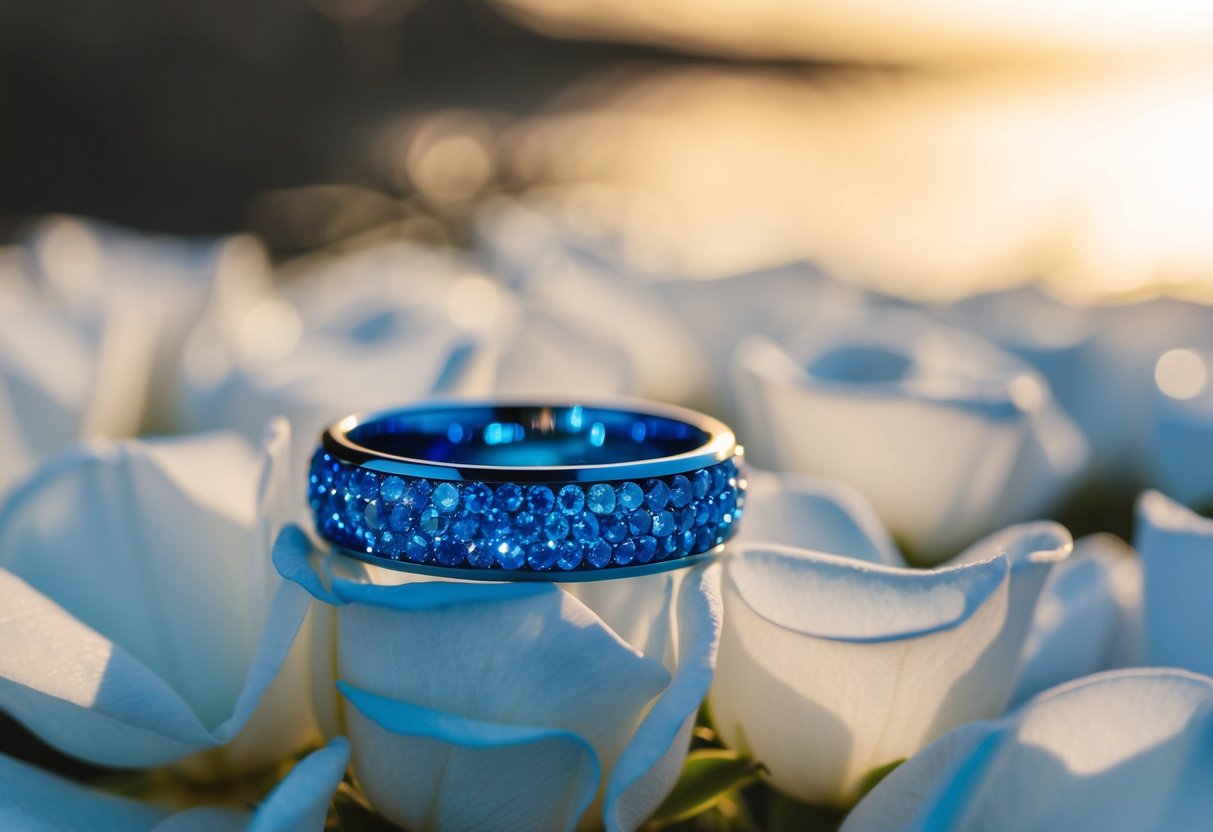 A sparkling blue wedding band rests on a bed of white rose petals, reflecting the light with a sense of tranquility and depth