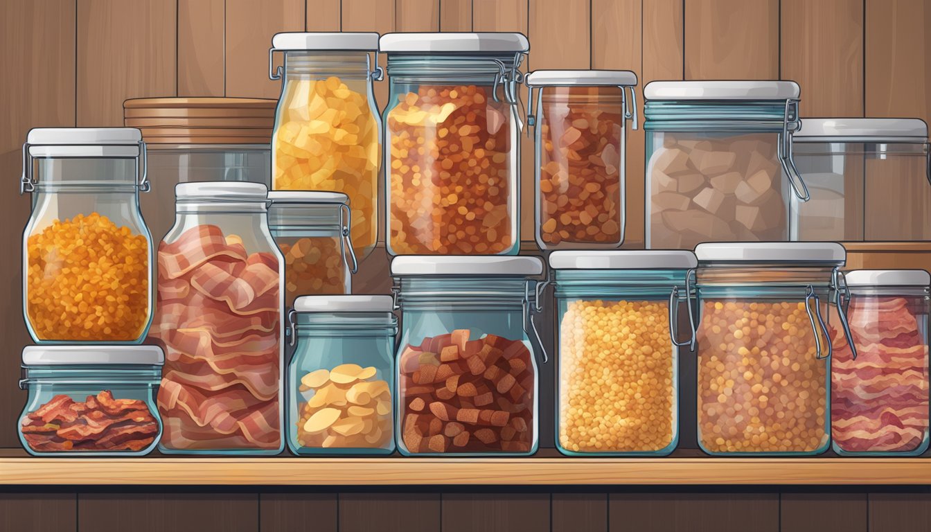 A jar of bacon bits sits on a shelf, surrounded by various factors such as temperature, light, and moisture, all affecting its shelf life