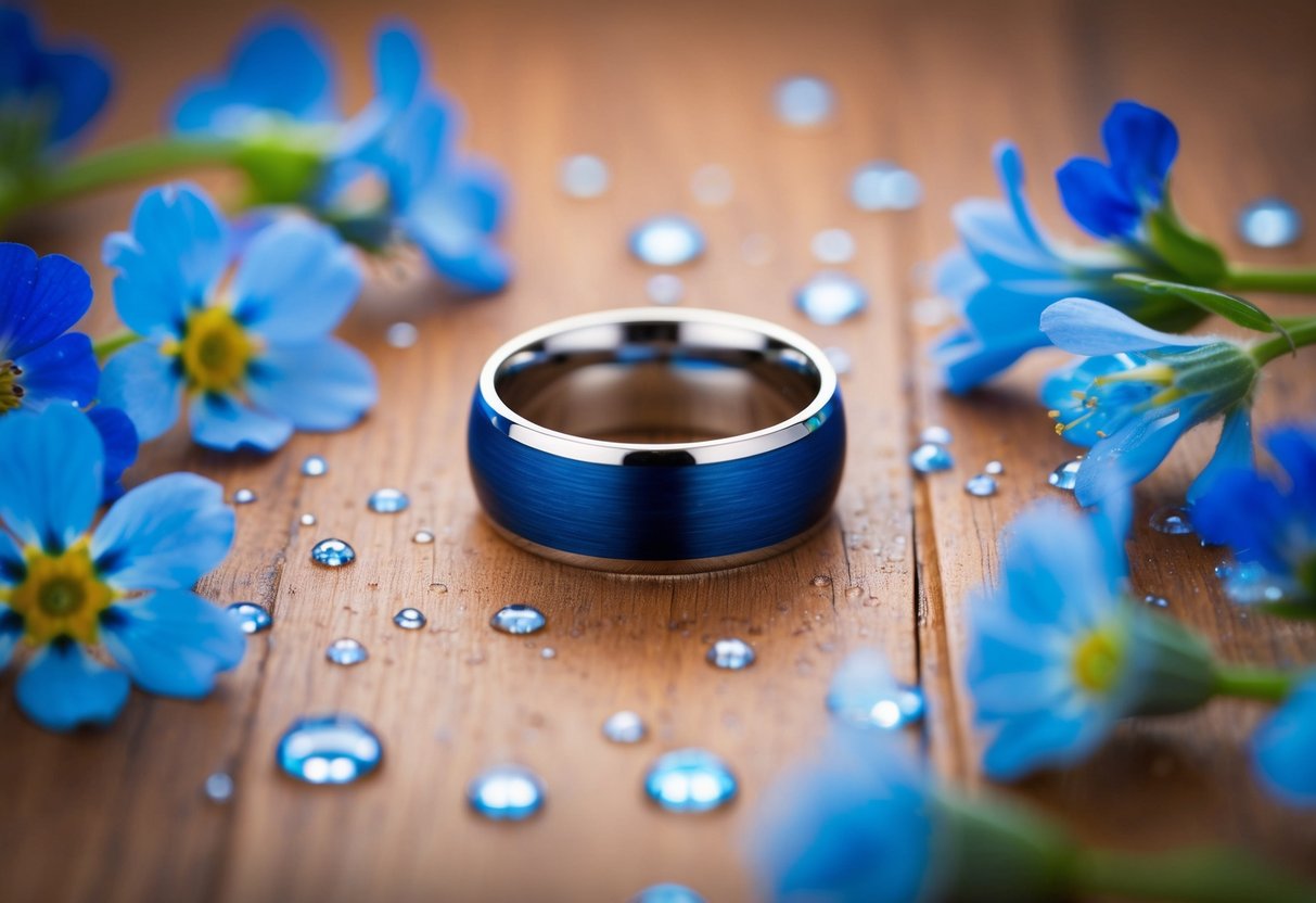 A blue wedding band lies on a wooden surface, surrounded by delicate blue flowers and shimmering water droplets