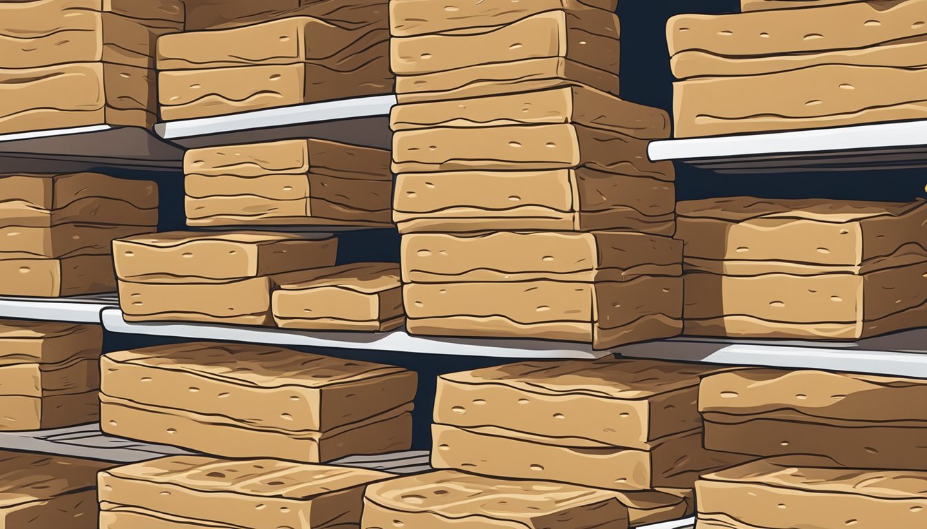 A sealed package of graham crackers sits on a pantry shelf, away from direct sunlight and moisture