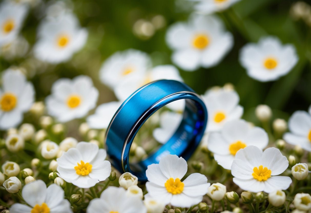 A serene blue wedding band resting on a bed of delicate white flowers, symbolizing trust, stability, and harmony