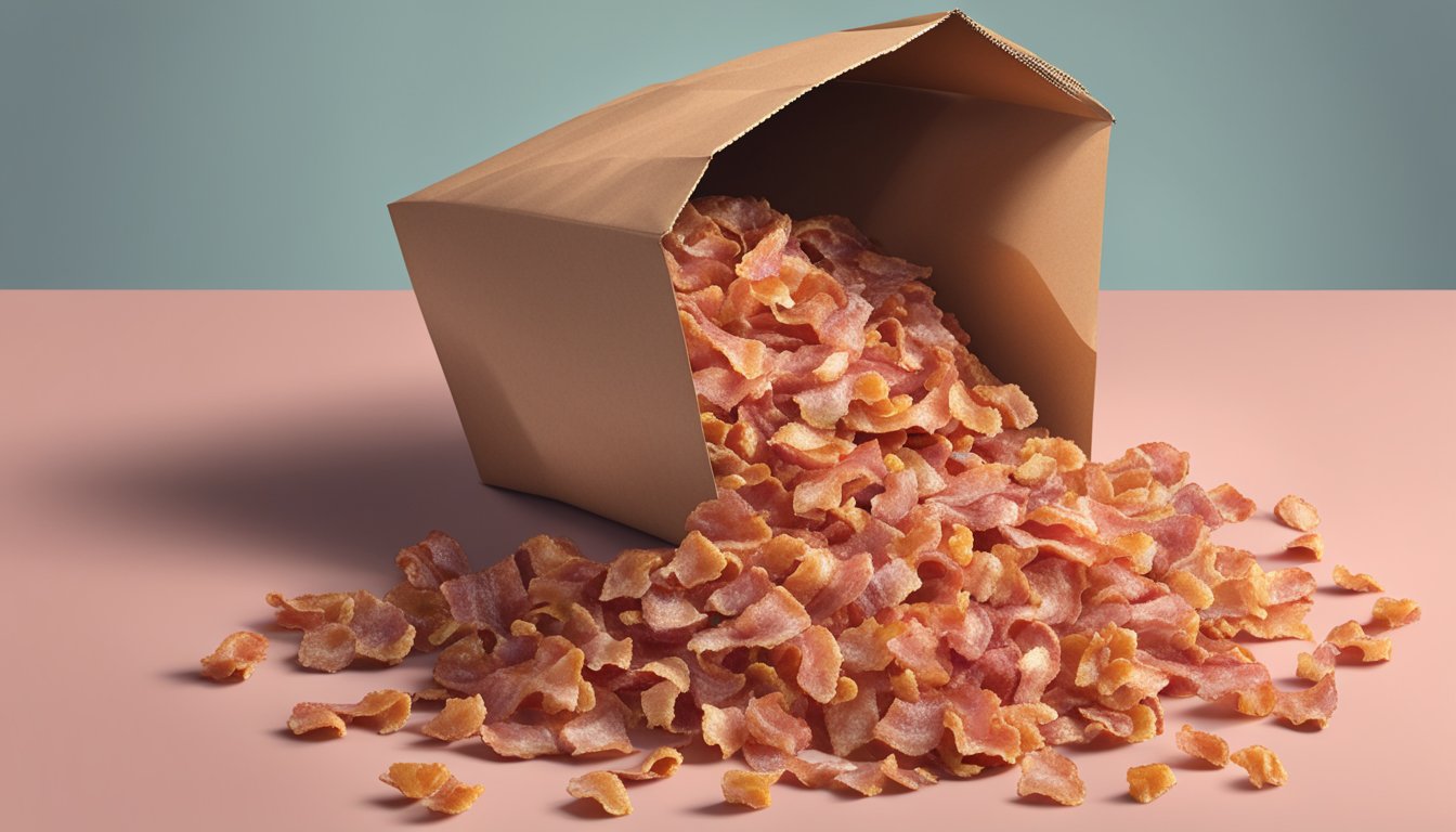 A pile of bacon bits spilling out of an open, expired package, with a question mark hovering above them