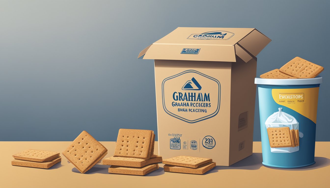 A box of graham crackers with a prominent expiration date on the packaging, surrounded by a trash can and a recycling bin