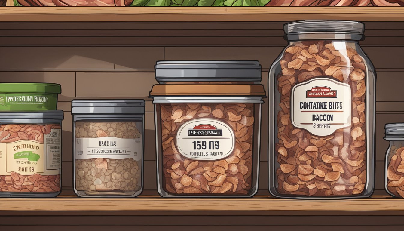 A sealed container of bacon bits sits on a shelf, surrounded by other pantry items. The expiration date on the label is visible