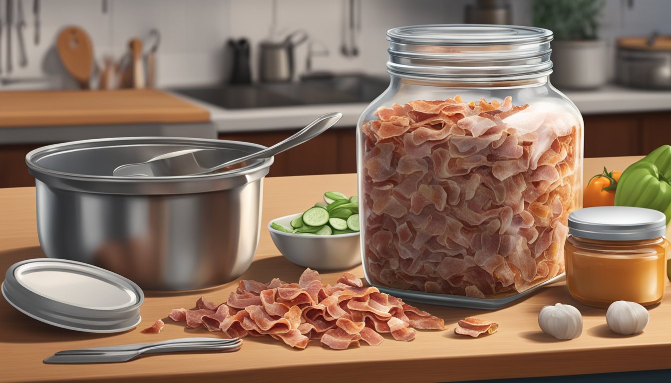 A jar of expired bacon bits sits on a kitchen counter, surrounded by various cooking utensils and ingredients