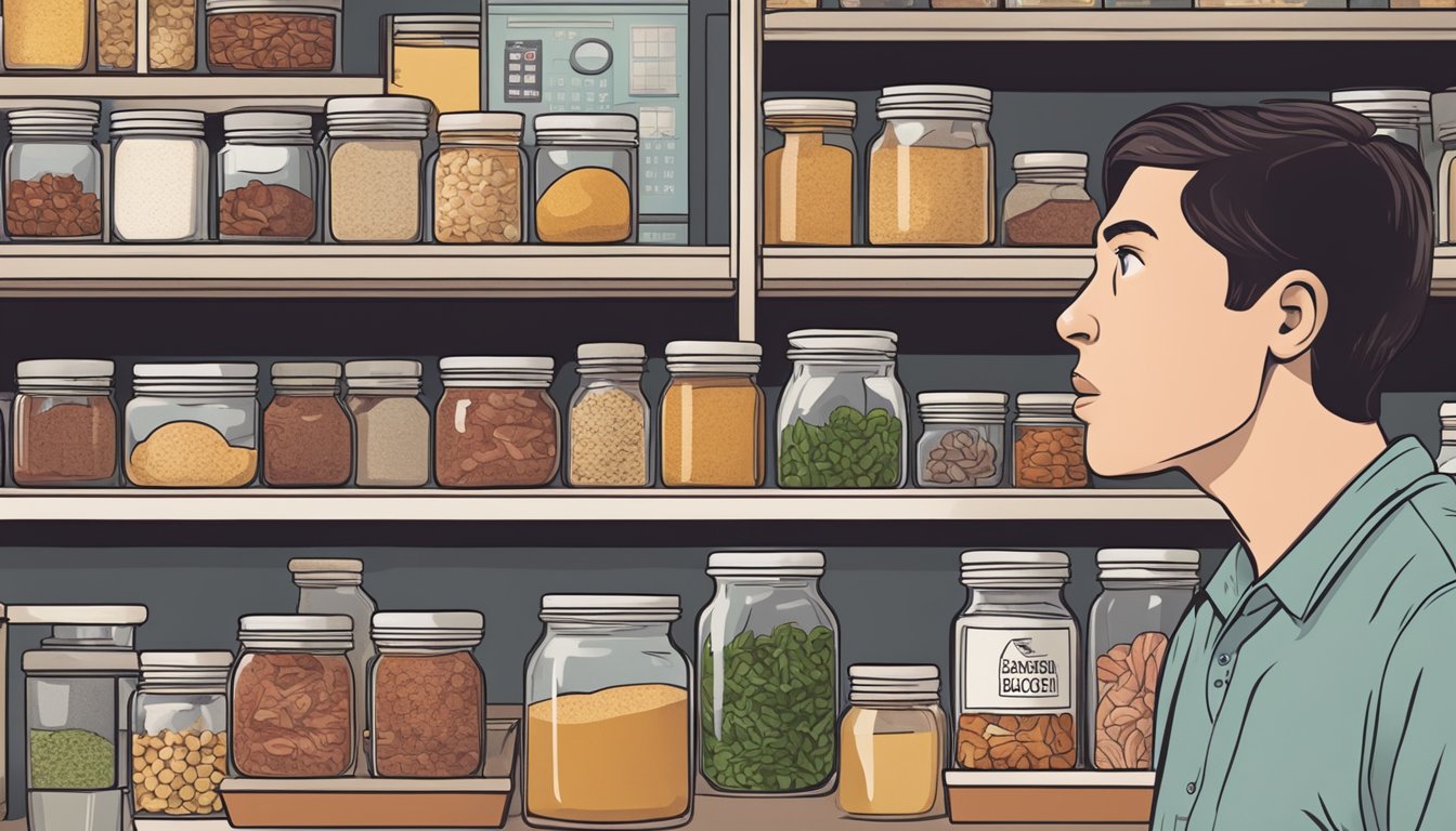 A pantry shelf with a jar of bacon bits, a calendar showing an expired date, and a puzzled expression on a person's face