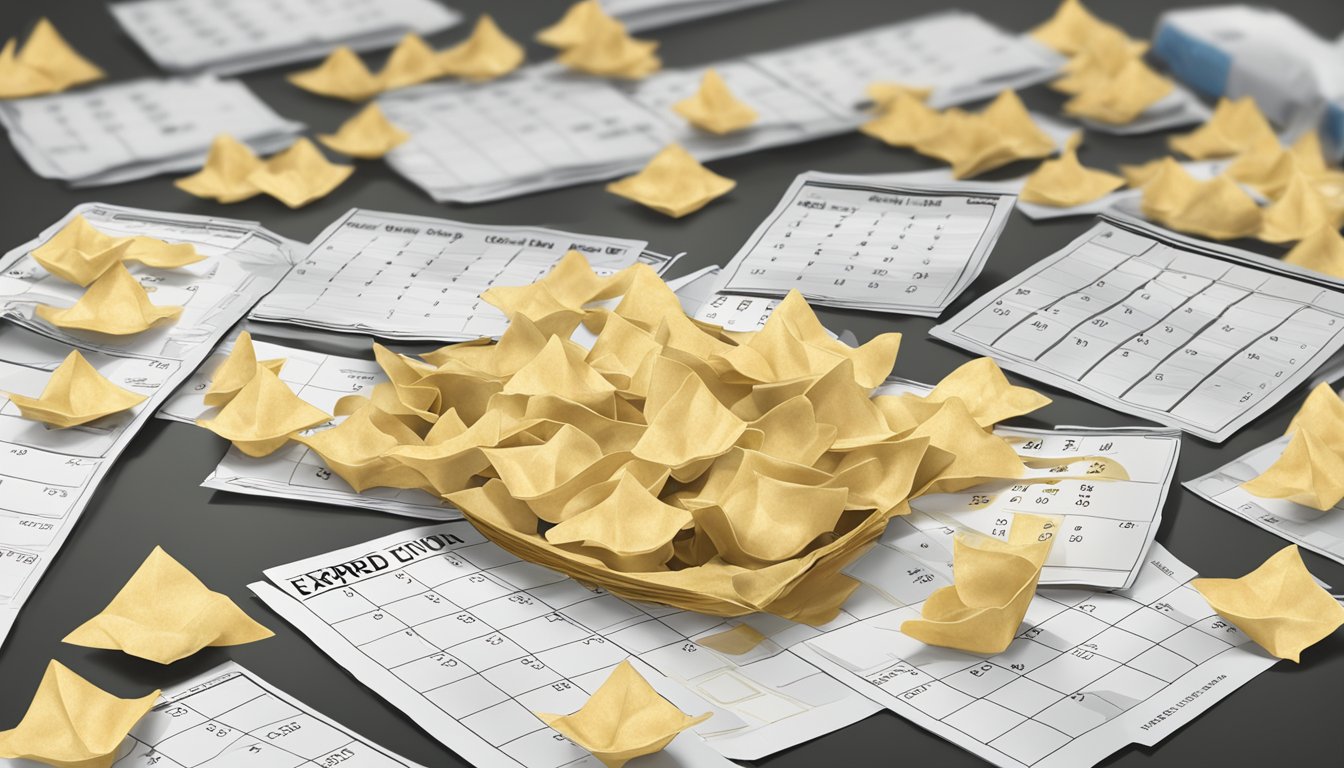 A pile of expired won ton wrappers next to a calendar showing the date they expired. A question mark hovers over the wrappers