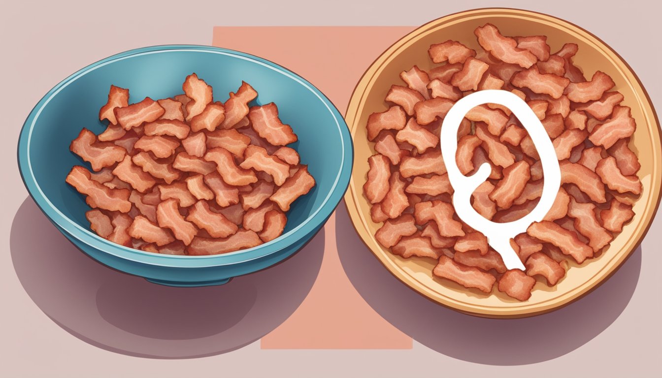 A bowl of expired bacon bits next to a bowl of fresh bacon bits, with a question mark above them