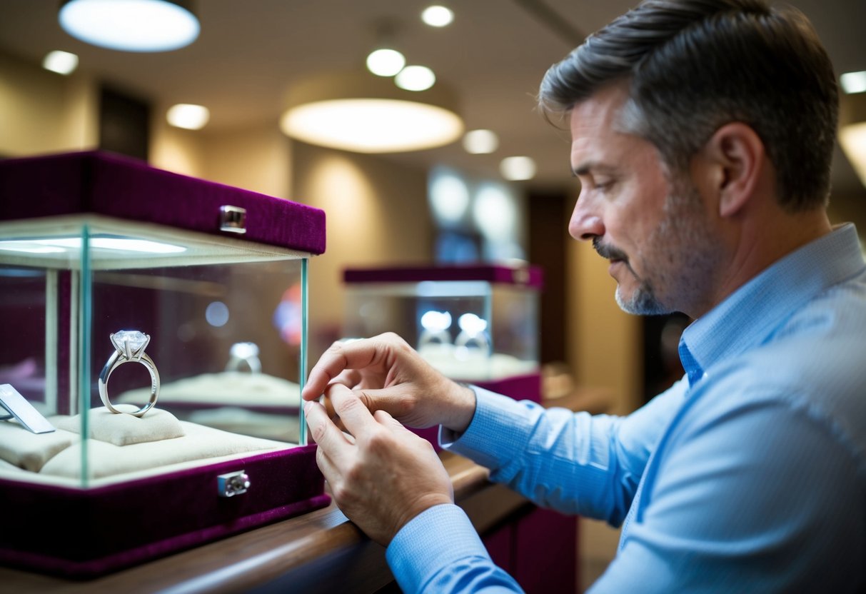 A man carefully selects a sparkling diamond ring from a velvet-lined display case at a jewelry store. He examines it under the bright lights, considering its size and brilliance
