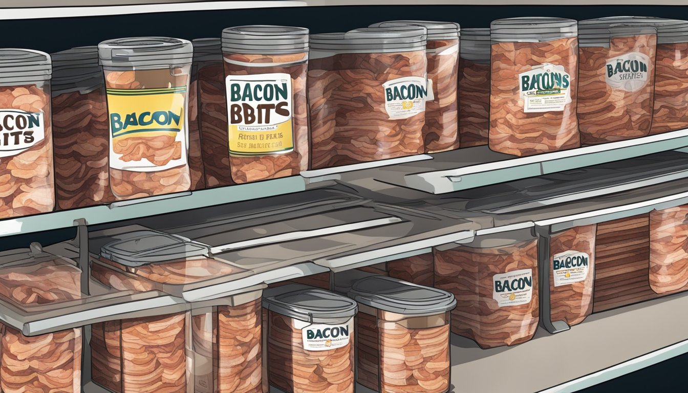 A sealed container of bacon bits sits on a shelf, next to a labeled expiration date