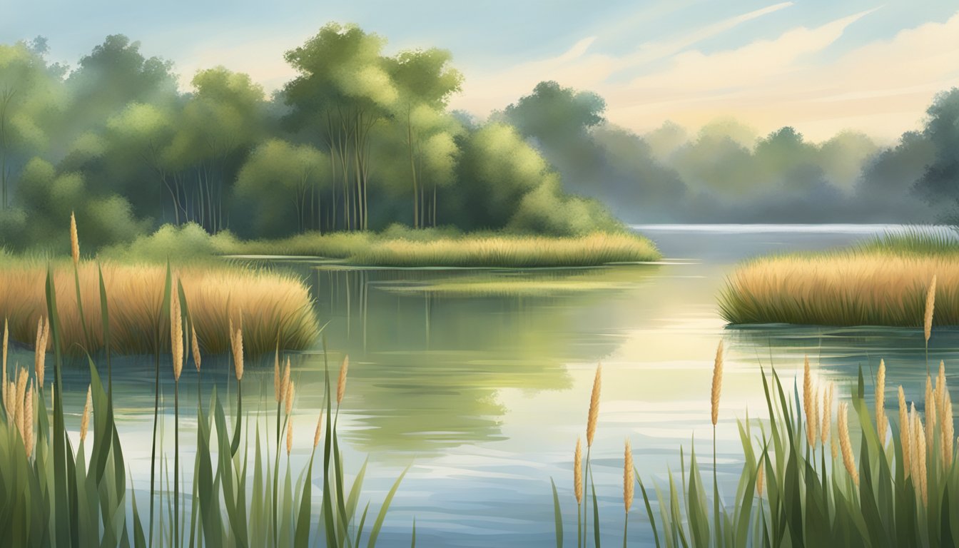 A serene wetland with tall bulrushes swaying in the breeze, surrounded by still water and lush greenery