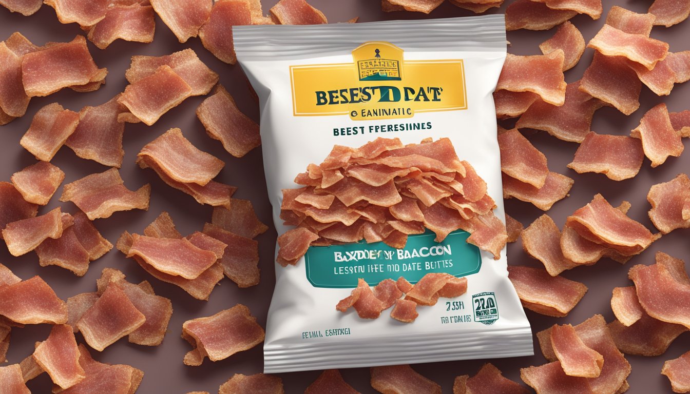 A pile of expired bacon bits next to a "best by" date on the packaging