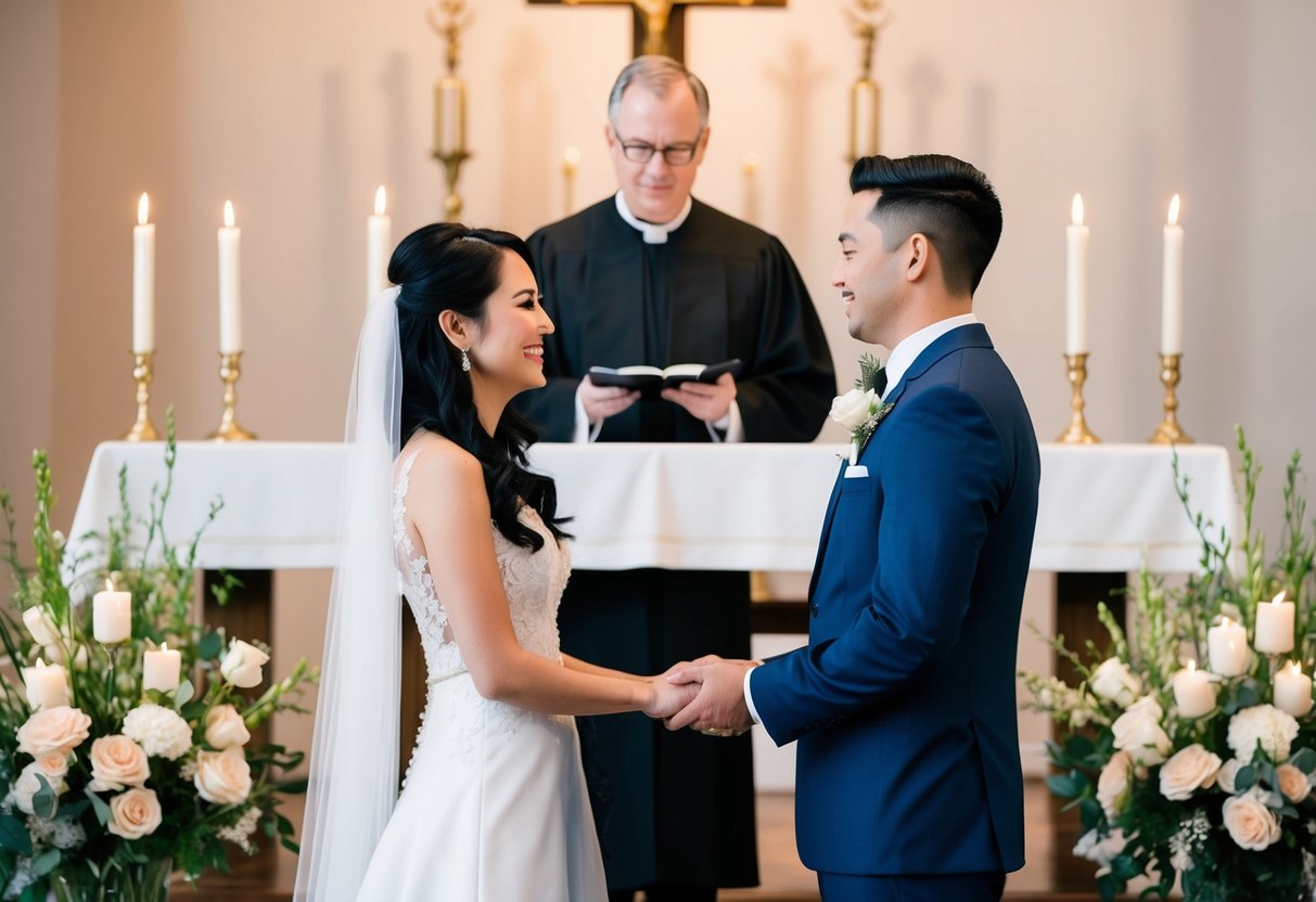 A bride and groom exchanging vows at the altar, surrounded by flowers and candles, with a pastor or officiant standing before them