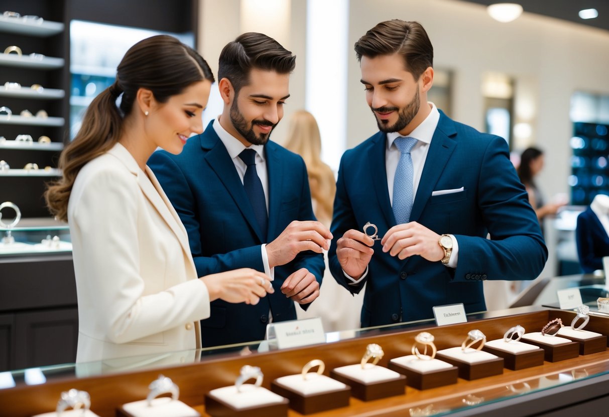 A couple browsing through a selection of wedding rings, discussing styles and sizes with a salesperson at a jewelry store