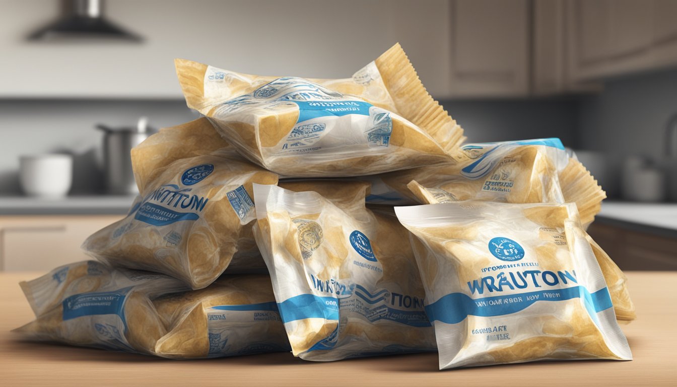 A pile of expired wonton wrappers sits on a kitchen counter, with a faded expiration date visible on the packaging