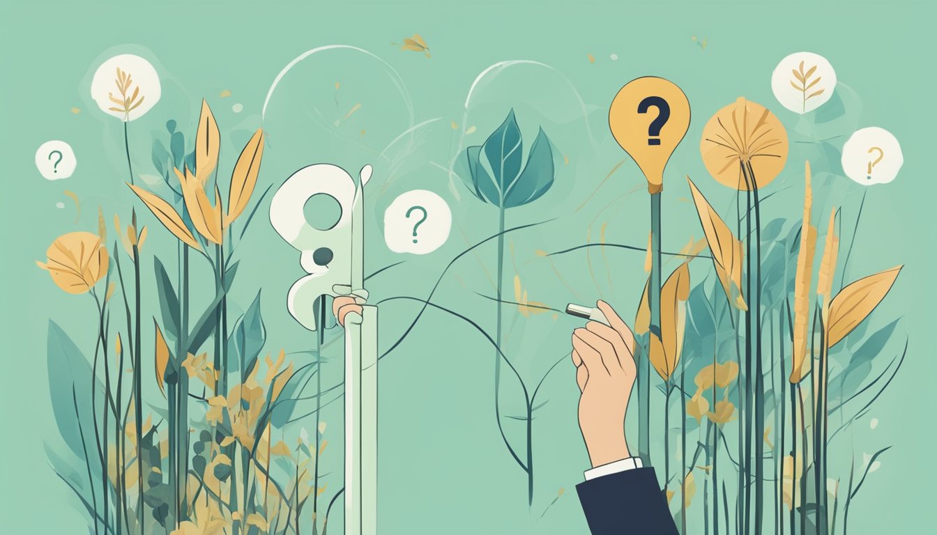 A person holding a bulrush plant, with a question mark above their head. The bulrush is surrounded by symbols representing potential risks (e.g. bacteria, illness)