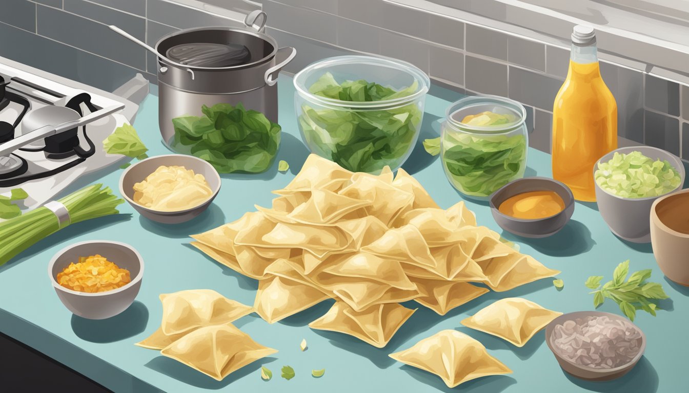 A pile of expired wonton wrappers sits on a kitchen counter, surrounded by various ingredients and cooking utensils