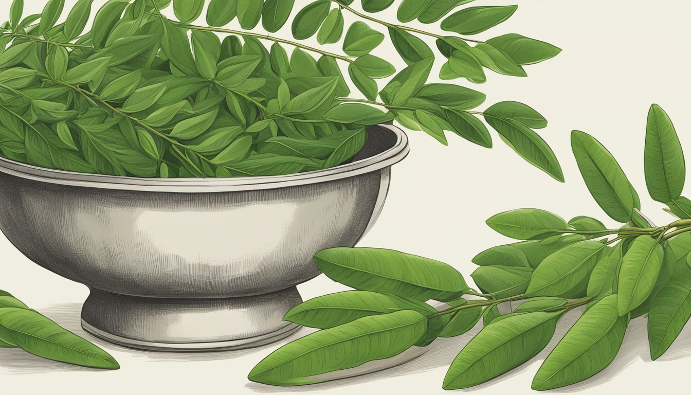 A sprig of curry leaves with vibrant green, elongated leaflets, and a strong, aromatic scent, positioned alongside a mortar and pestle, and a bowl of freshly prepared curry