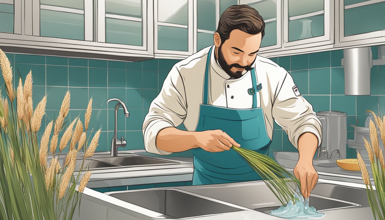 A chef carefully inspecting and washing bulrush in a kitchen sink before using it in a recipe