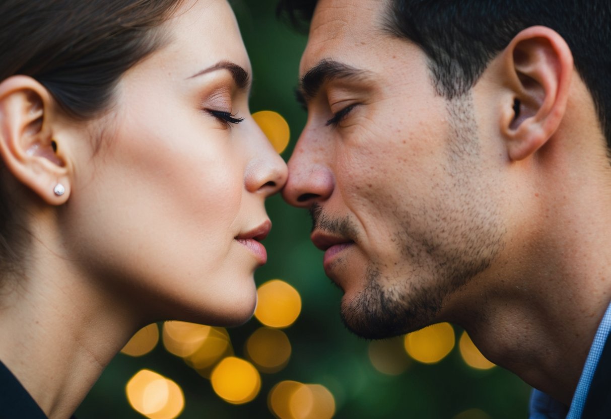 A couple's faces close together, eyes closed, leaning in for a kiss