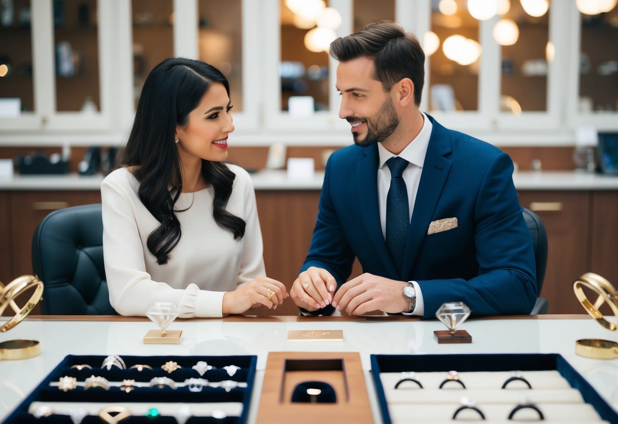 A couple sitting at a jeweler's desk, discussing wedding ring options with a professional. Various ring designs and materials are displayed on the table