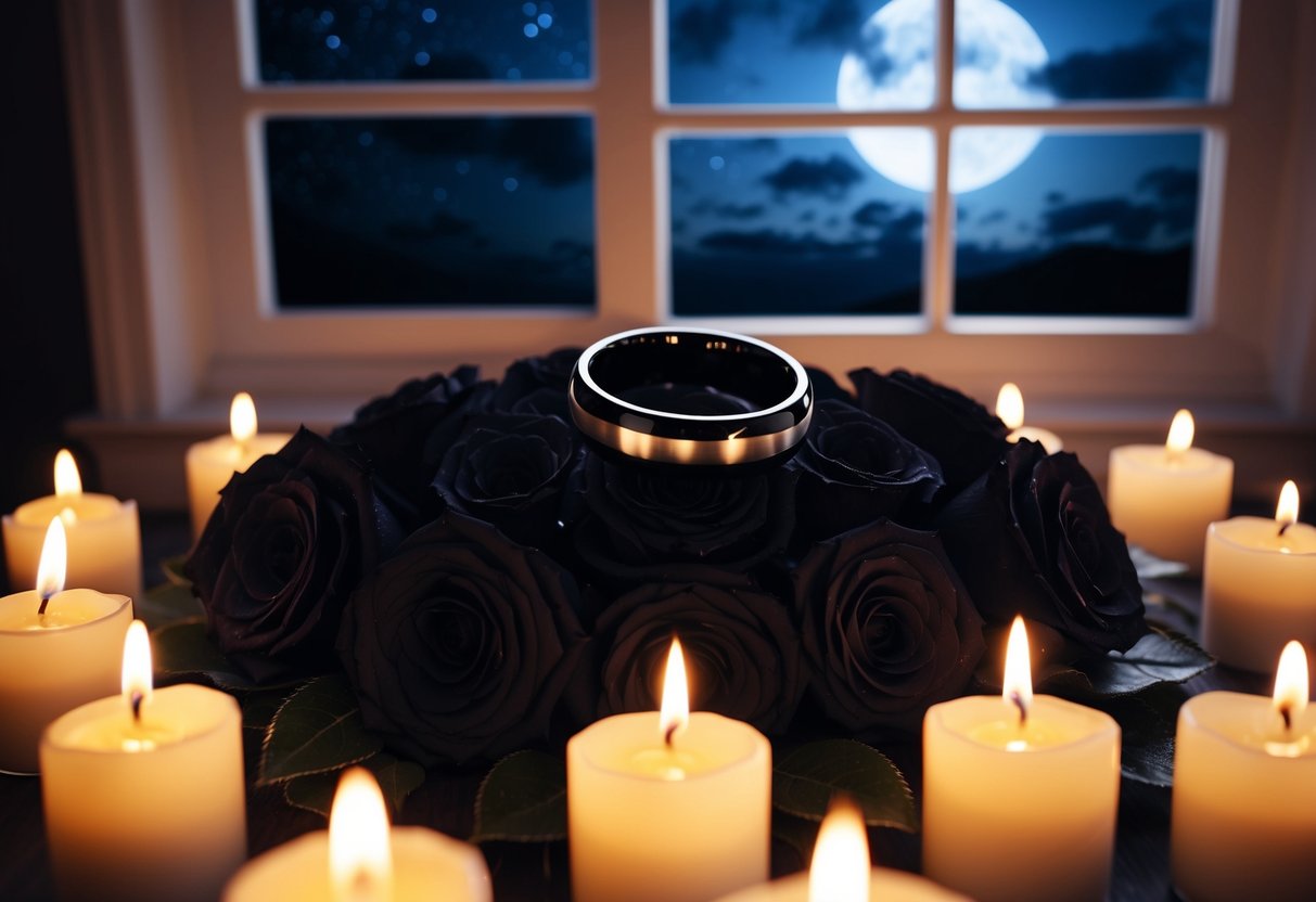 A black wedding ring lying on a bed of dark roses, surrounded by flickering candles and a moonlit sky outside a window