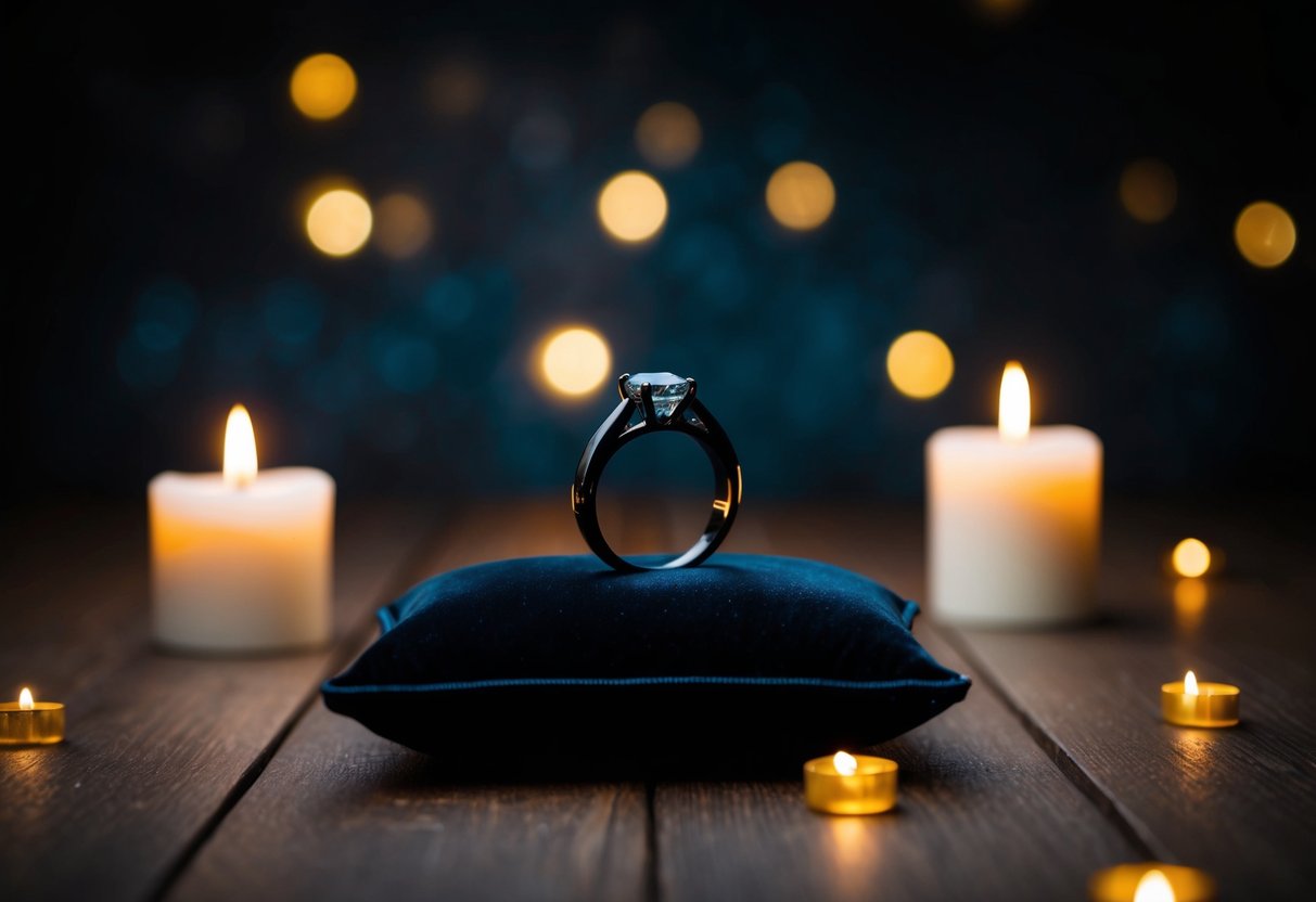 A black wedding ring sits on a velvet pillow, surrounded by dim candlelight and a backdrop of dark, moody colors
