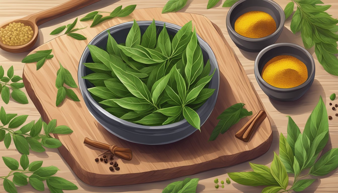 A bowl of fresh curry leaves on a wooden cutting board surrounded by various herbs and spices