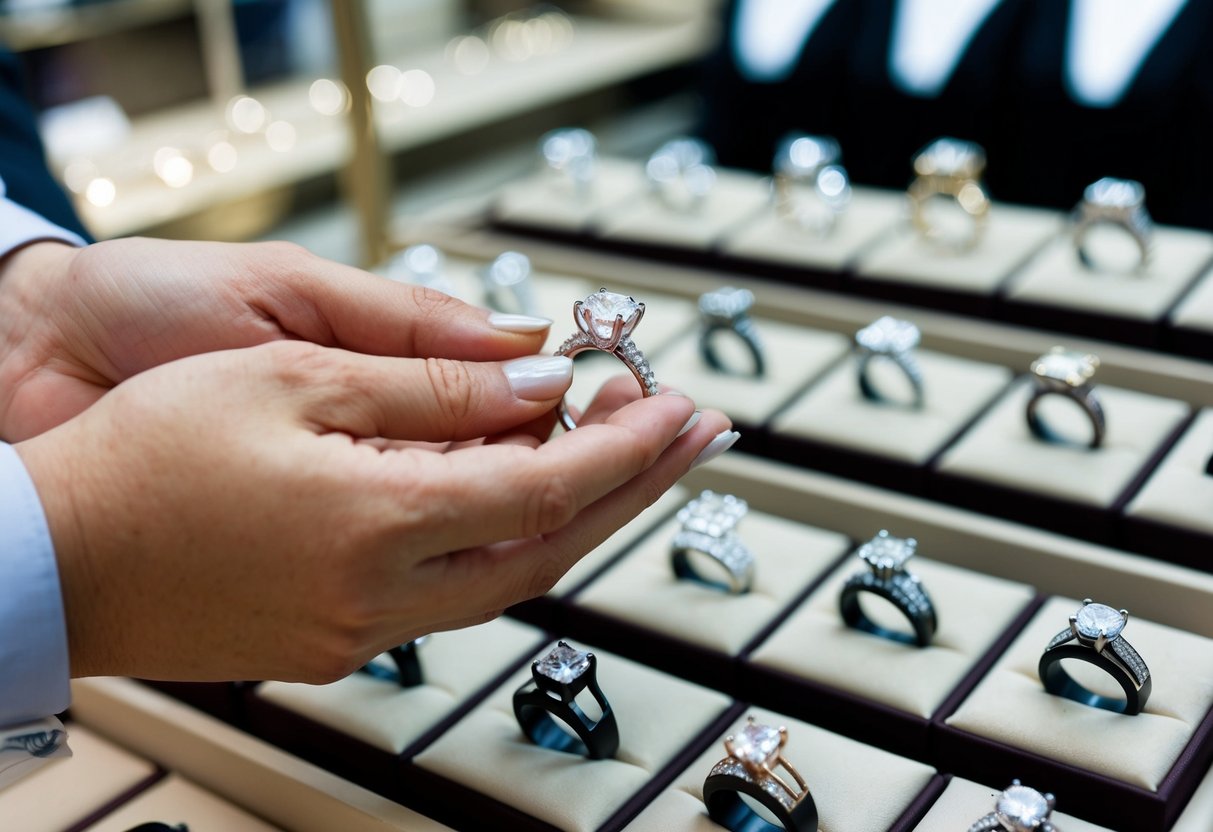 A person holding a ring with a sparkling diamond, surrounded by various options of rings in a jewelry store