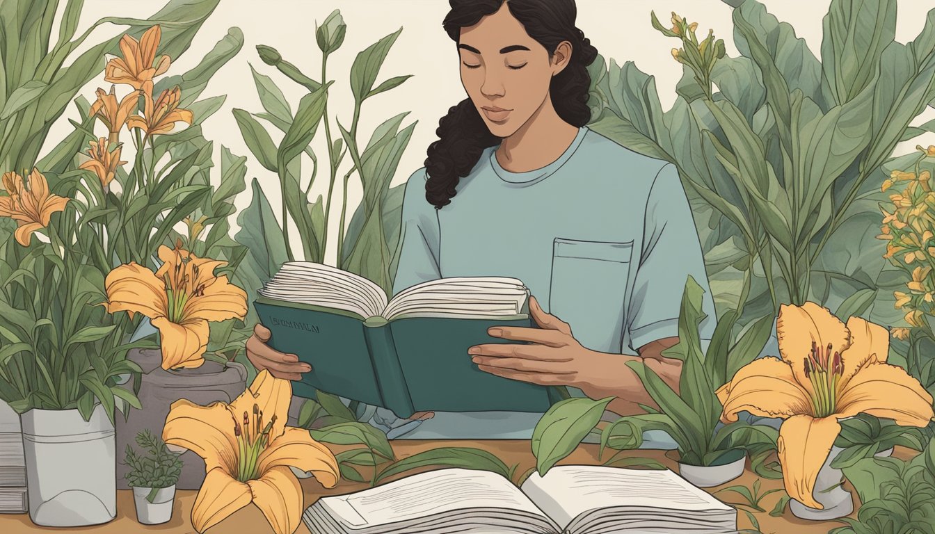 A person holding a daylily flower, surrounded by other edible plants, with a book on foraging open nearby