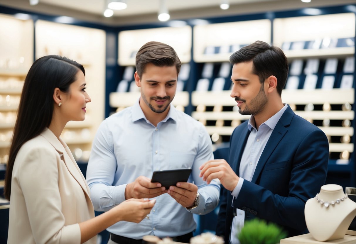 A couple discussing budget while looking at engagement ring options in a jewelry store