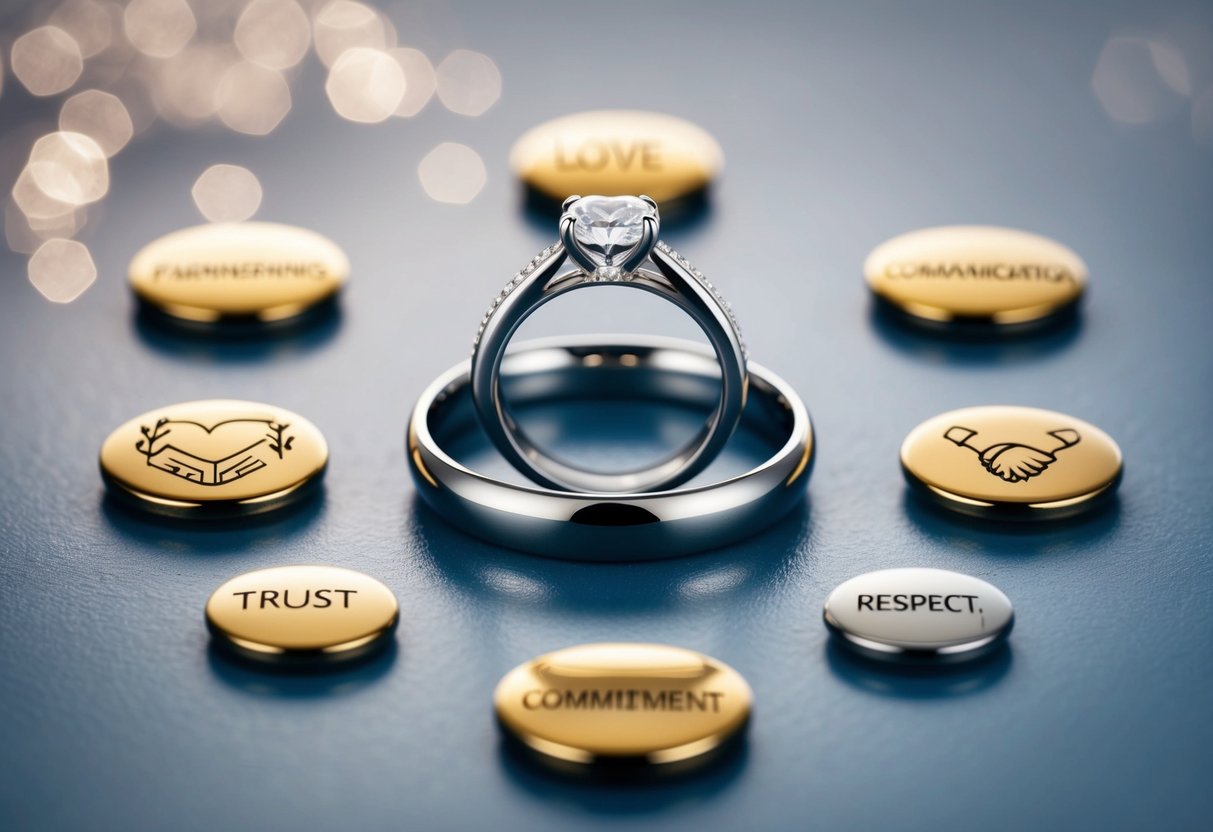 A wedding ring surrounded by seven symbolic objects representing love, trust, communication, commitment, respect, support, and partnership