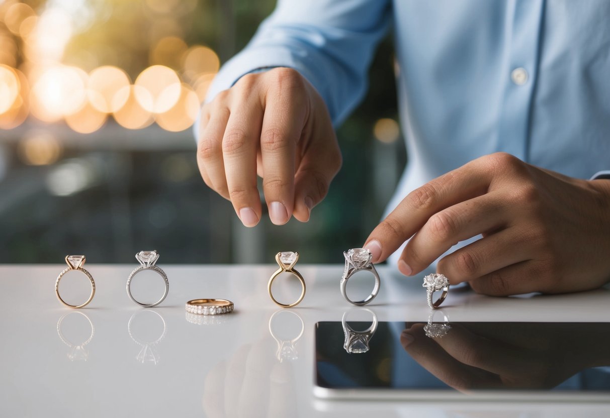 A person comparing various engagement ring styles and designs while considering their budget for a second marriage