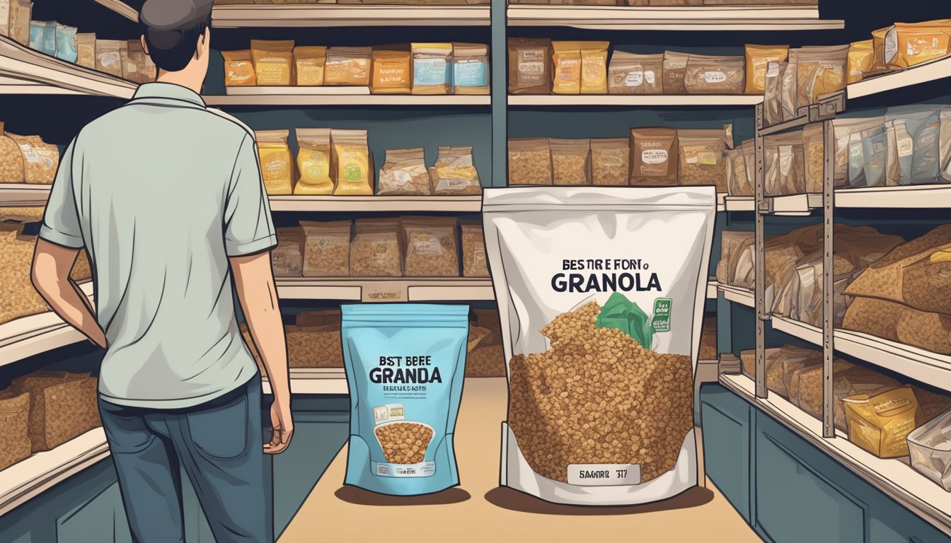 An open bag of granola with a best before date passed, surrounded by a cautious person inspecting it and a concerned friend advising against consumption