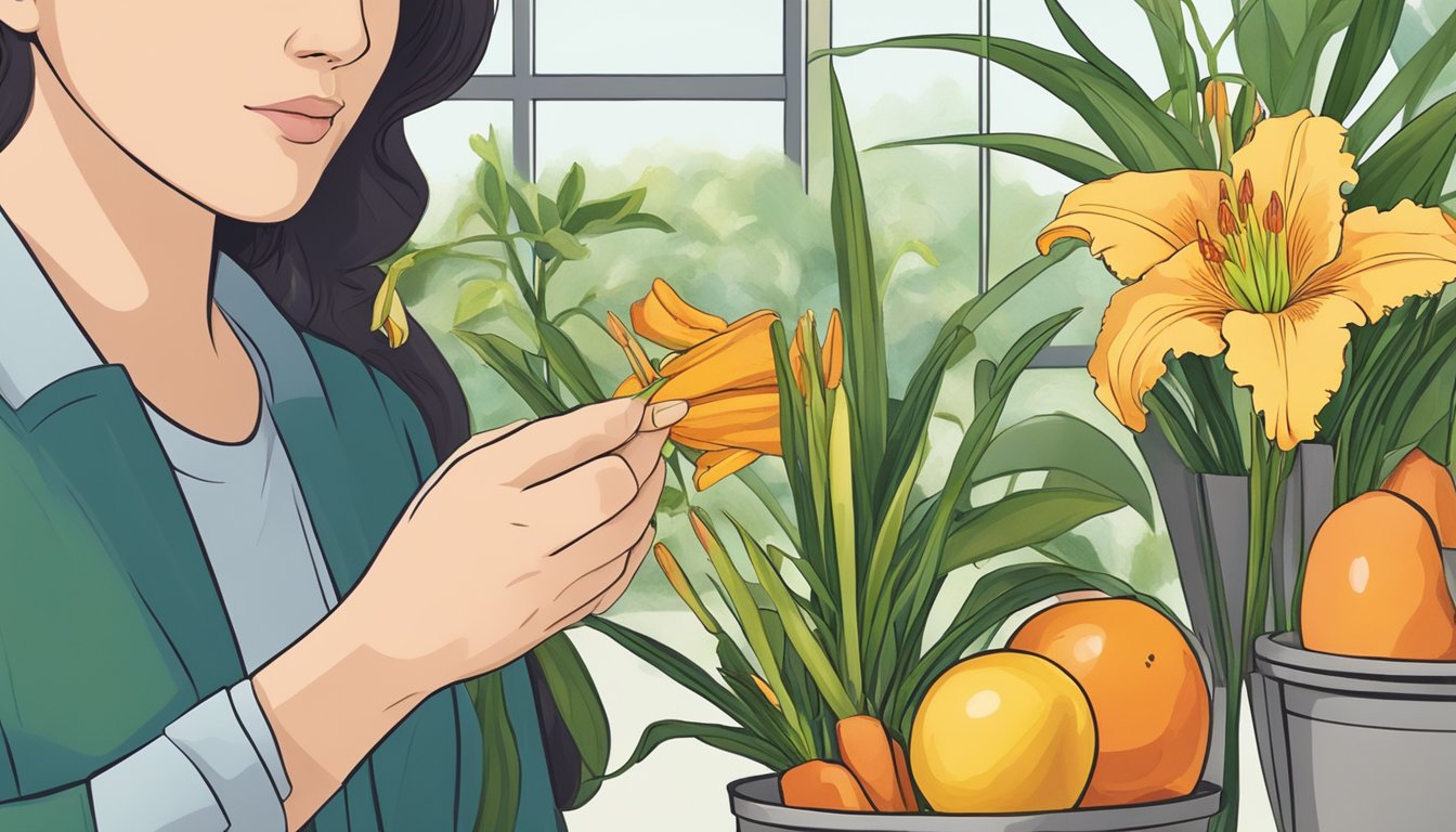 A person holding a daylily flower and examining it for safety, with a variety of fruits and vegetables in the background