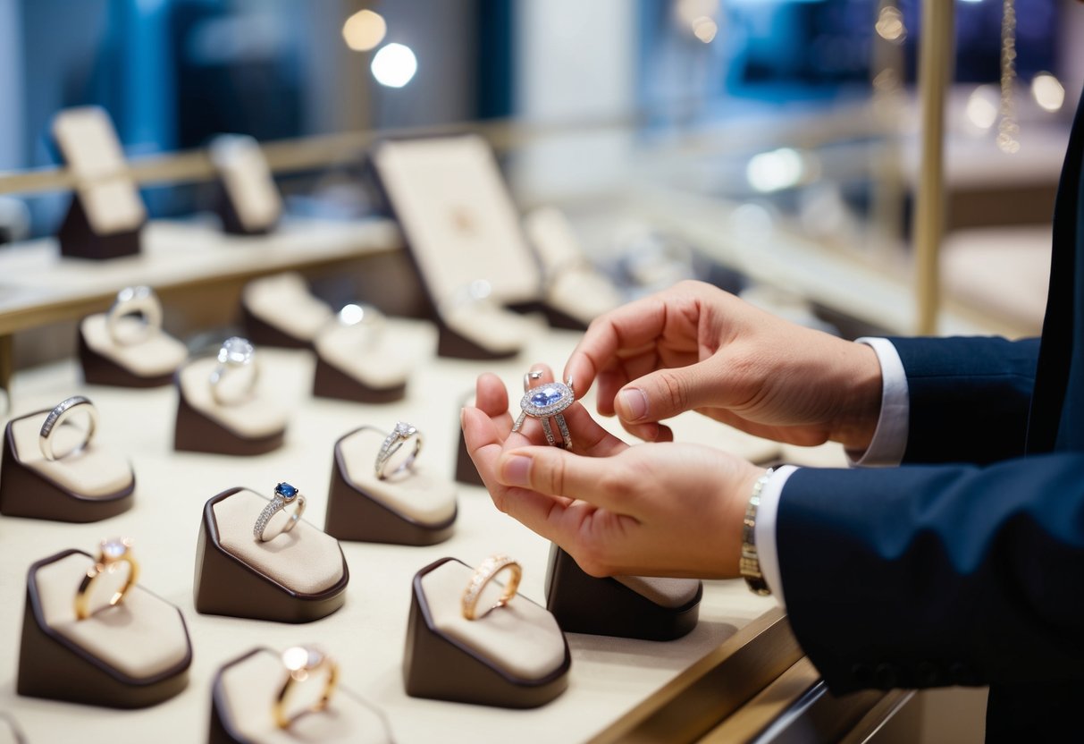 A person browsing rings in a jewelry store, comparing different styles and price points for a second marriage engagement ring