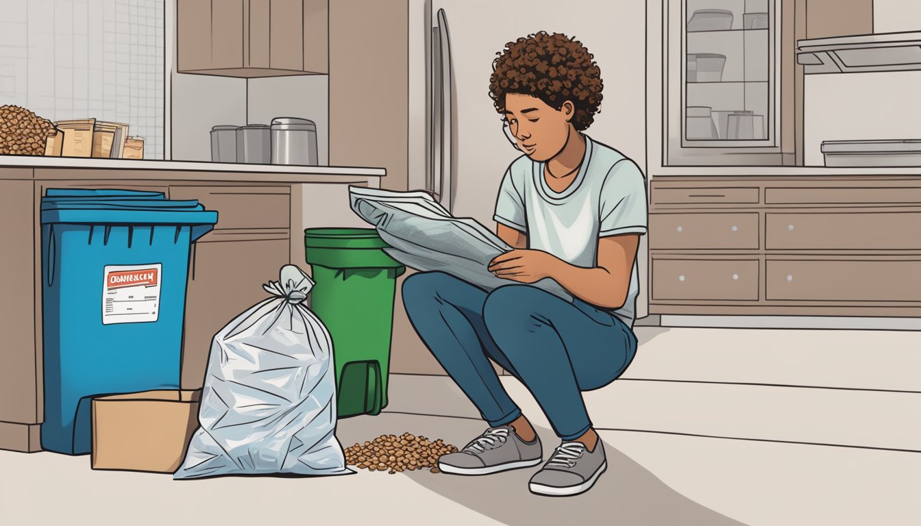 An open bag of expired granola sits next to a trash can. A person looks hesitant, holding the bag and reading the expiration date