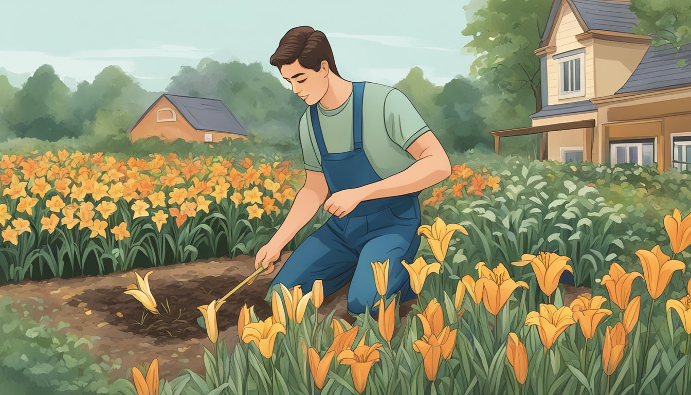 A person picking daylilies from a garden, preparing them for consumption