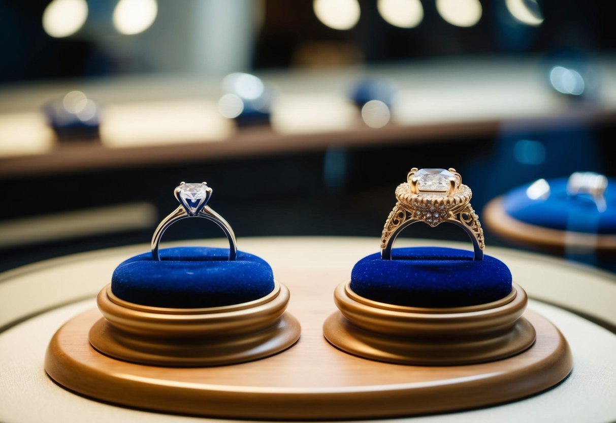 A jeweler's display with two rings: one simple and elegant, the other ornate and dazzling