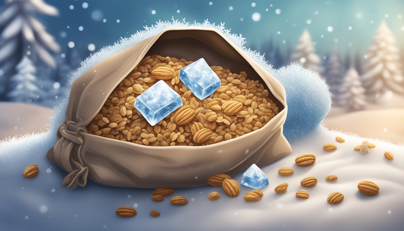 A bag of granola with ice crystals forming on the surface, surrounded by a cold, frosty environment