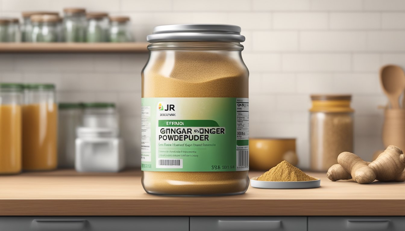 A jar of expired ginger powder sits on a kitchen shelf, with a visible expiration date