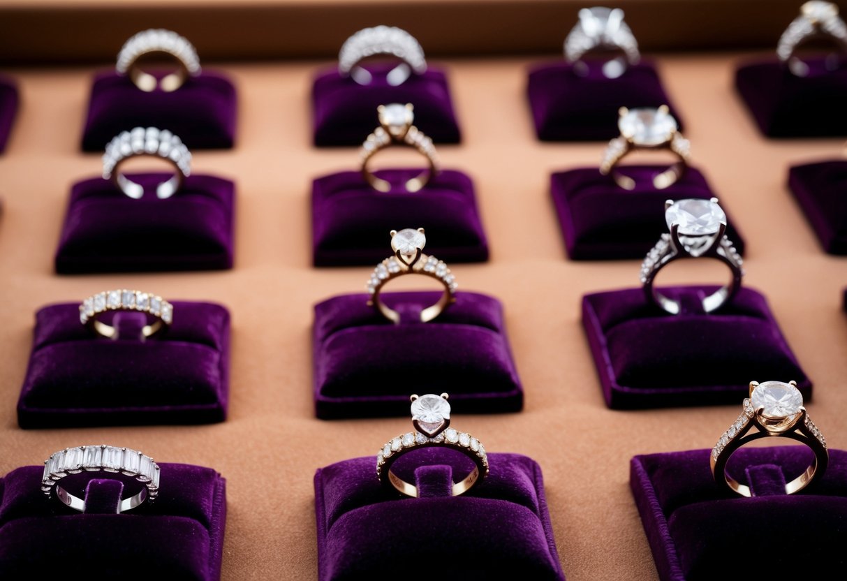 A jeweler's display of sparkling engagement and wedding rings, arranged on plush velvet cushions under soft, warm lighting