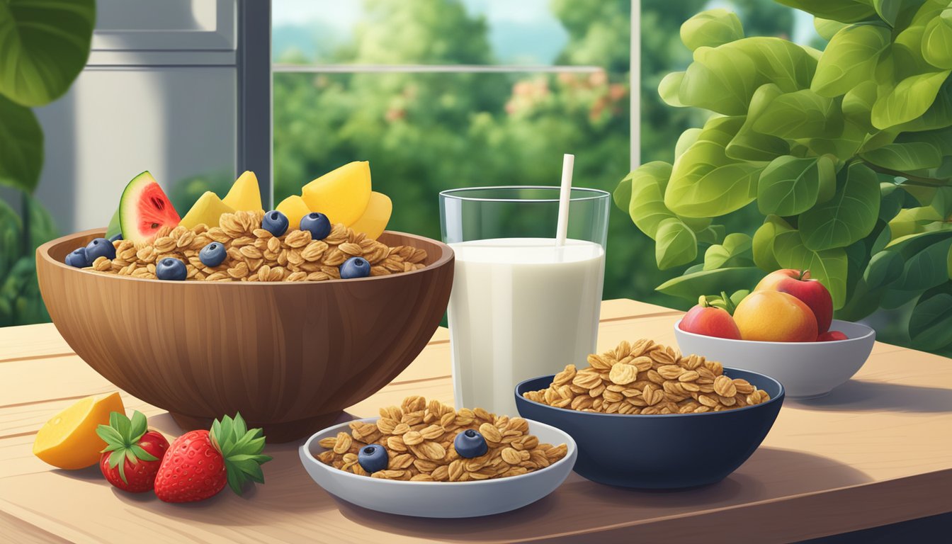 A bowl of granola sits next to a variety of fresh fruits and a glass of milk on a wooden table, surrounded by a lush green garden